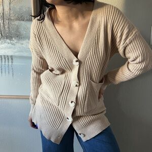 NAP Lounge‎ Wear Ribbed deep v neck Cardigan Sweater Pockets Large beige cream